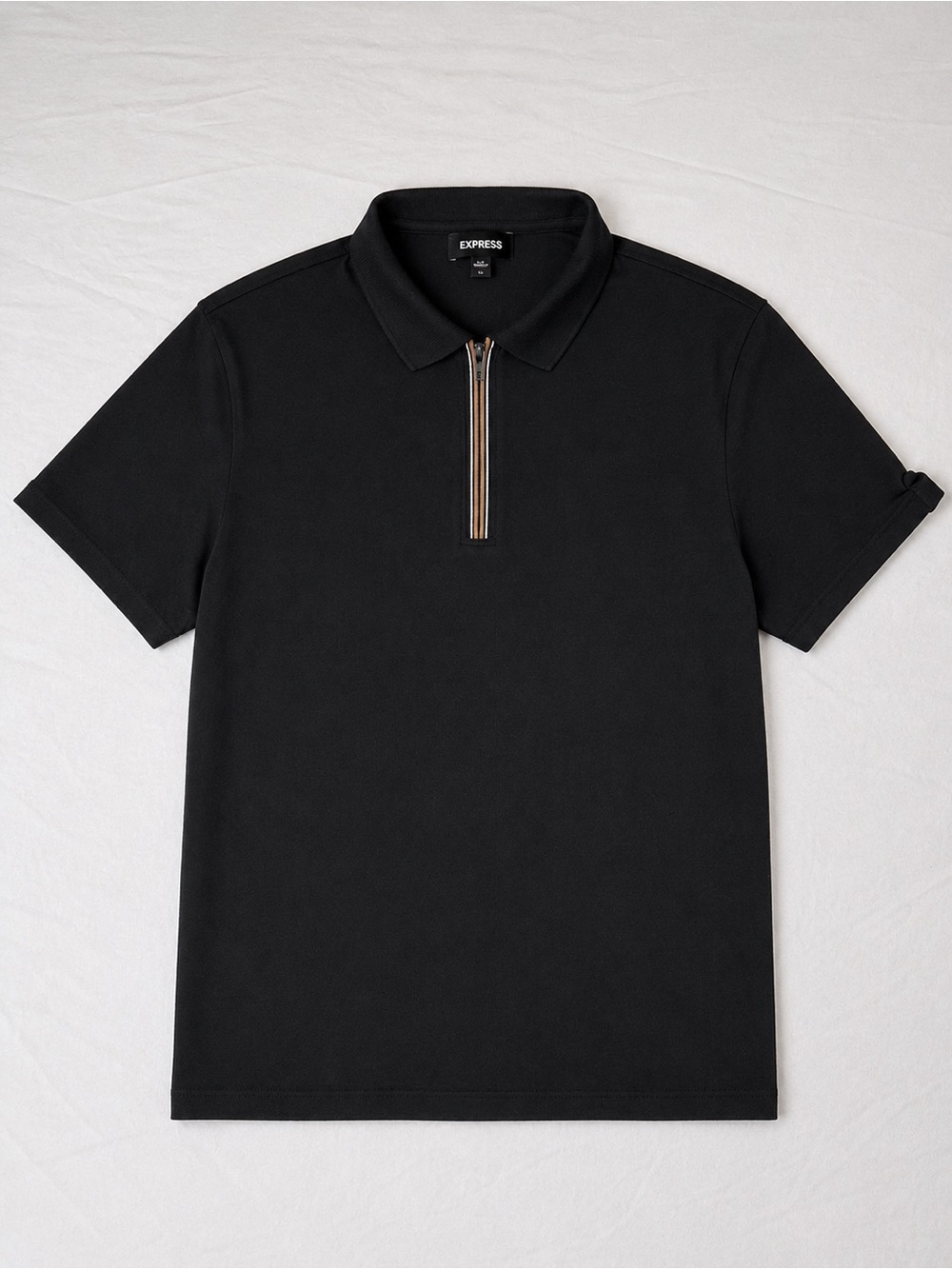 Express Black Short-Sleeve Polo with Striped Half-Zip